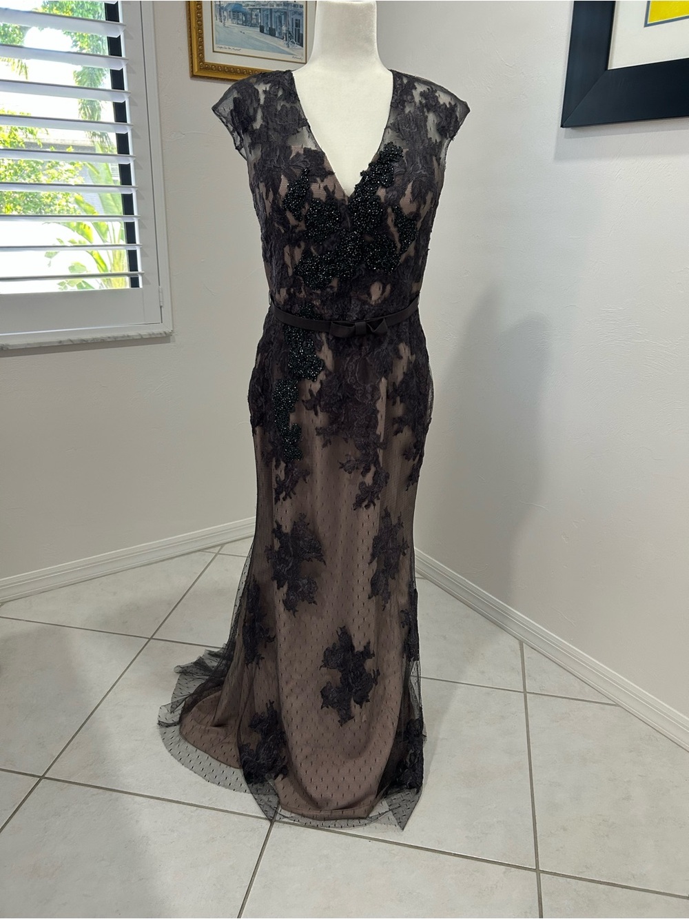 Alyce Black Label Black Label Black Lace Overlay Maxi Dress with Nude Underlayer